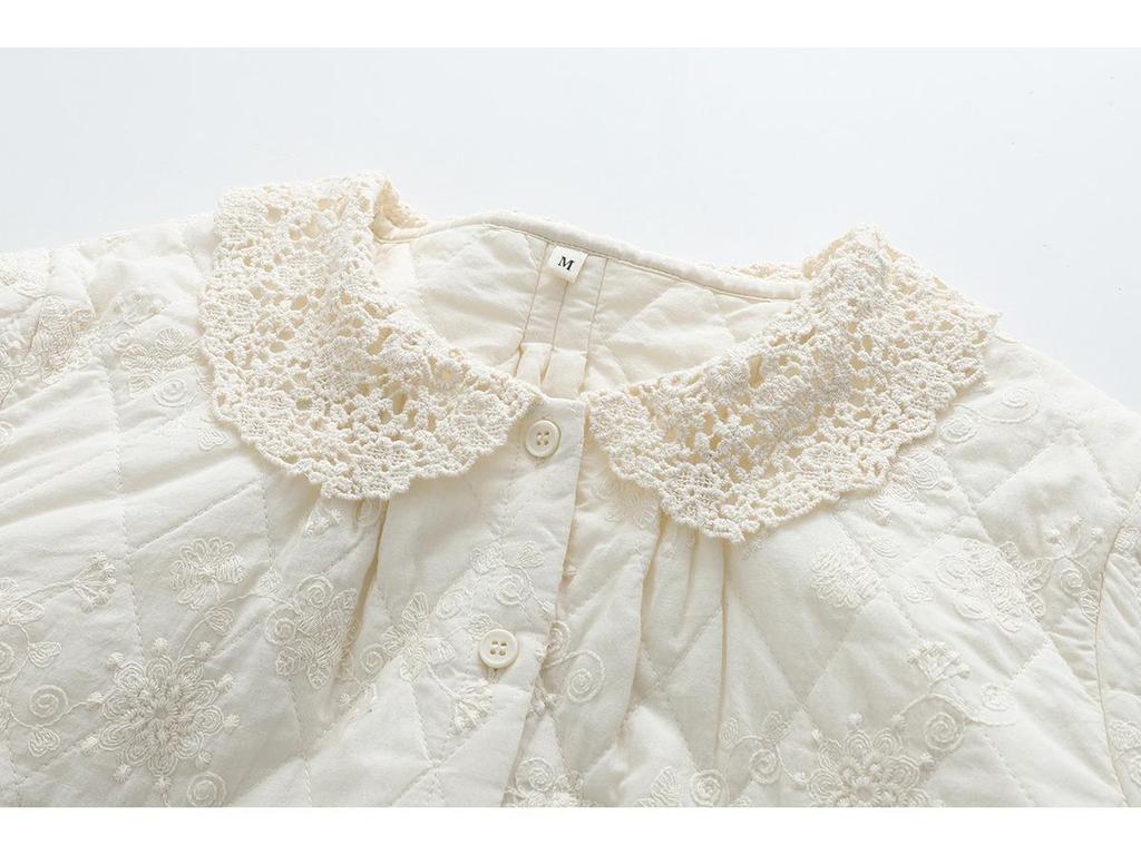 Women's Retro Lace Trim Jacquard Long Sleeve Quilted Shirt - Winter 2025 Edition