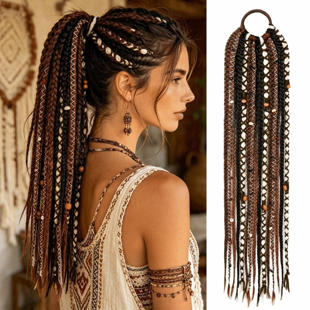 Beaded Accents Braided Ponytail Extension Hand Woven Boho Braid Dreadlock Hairpiece Daily Styling