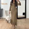 Spring Fall Women Dress Button Decor V Neck Knitted Long Sleeves Slim Fit Patchwork Fishtail Hem Solid Color Stretchy Maxi Dress