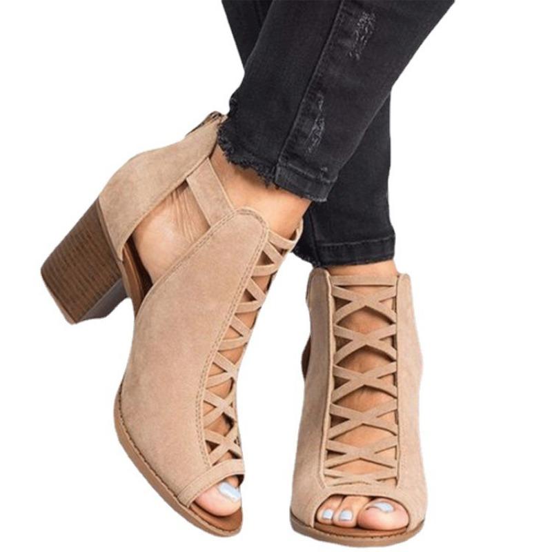 Spring and summer new large size women's fish mouth thick heel high heels mesh one-word ring buckle rear zipper women's sandals