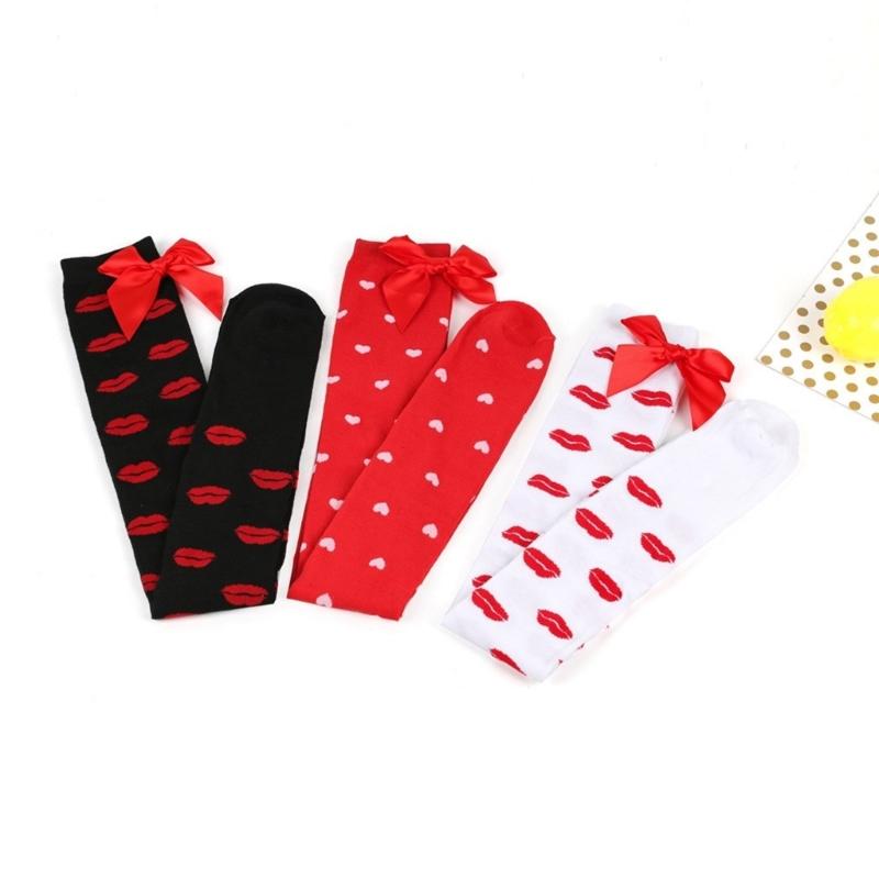 Valentines Day Over Knee Long Socks Cute Bowknots Lip Heart Pattern Thigh High Stockings for Women Parties Casual Wear