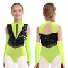 Kids Dance Leotard with Gloves Mock Neck Cutout Back Sparkling Sequins Color Block Performance Outfit