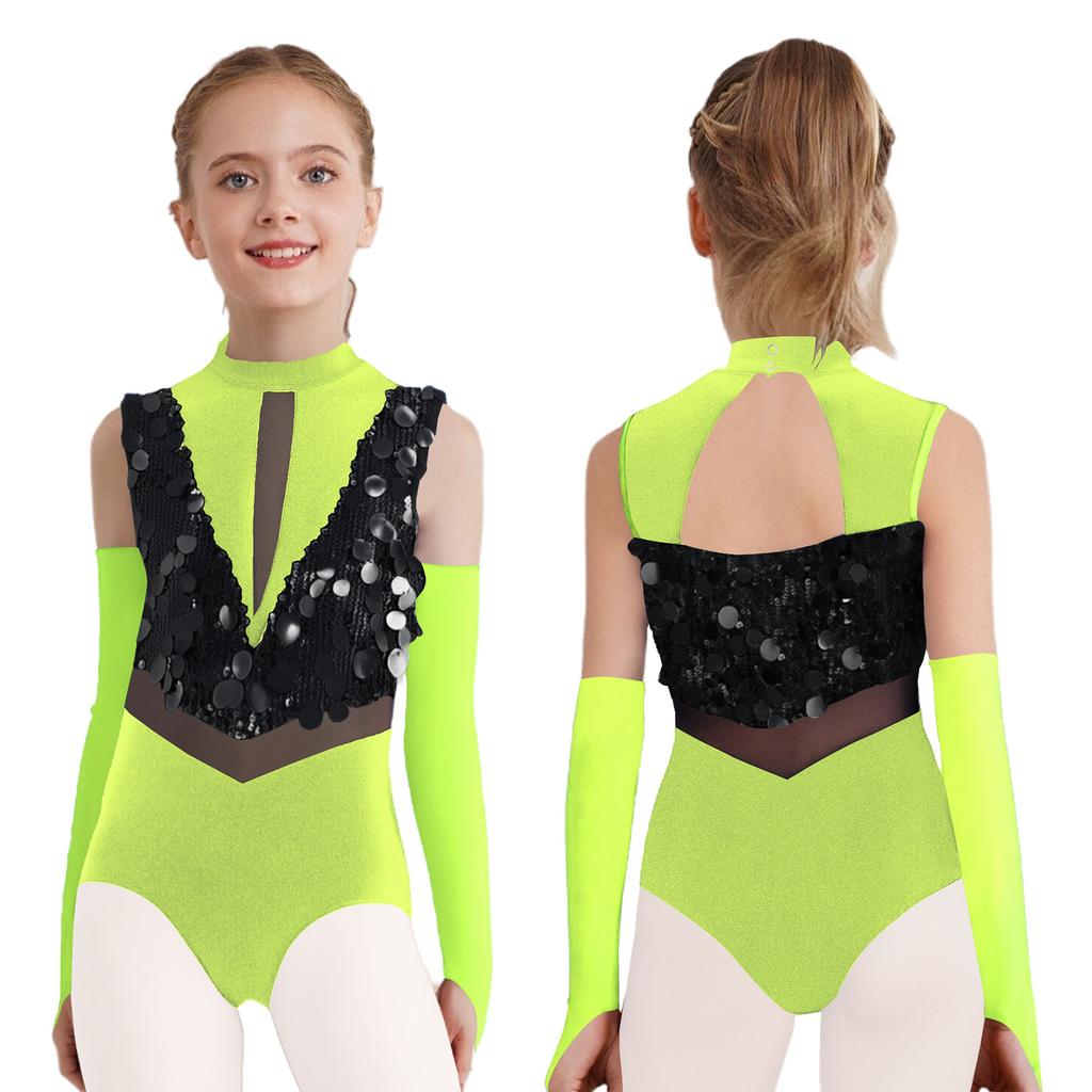 Kids Dance Leotard with Gloves Mock Neck Cutout Back Sparkling Sequins Color Block Performance Outfit