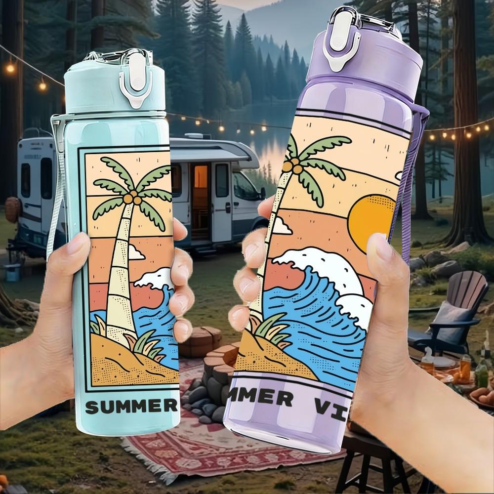 1PC Summer Sunset Beach Wave Vintage Poster 750ml Color Plastic Sports Water Bottle Leakproof Flip Straw Lid Suitable for Sports Office Home Use