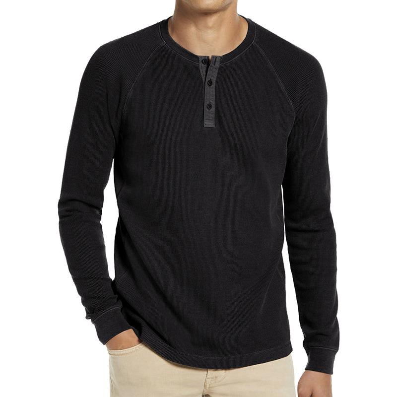 Men S Long Sleeve Waffle Knit Round Neck T Shirt Basic Top