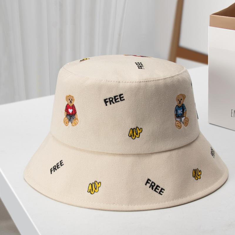 Hat female embroidery cartoon bear bucket hat versatile sunscreen sun hat student face cover spring and autumn basin hat tide