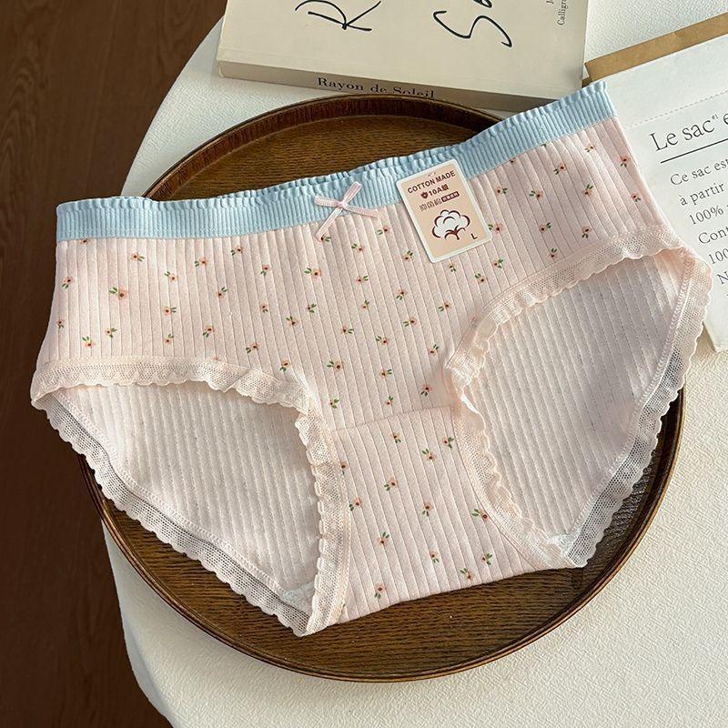 

Хлопковое женское нижнее белье с принтом, дышащее и милое нижнее белье со средней талией, кружевные трусы без краев L розовый
