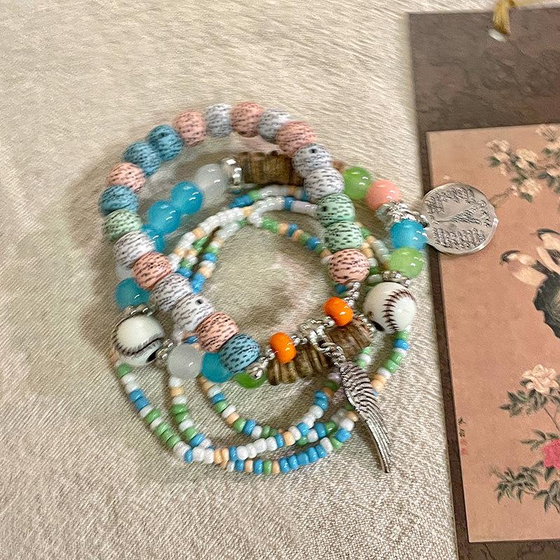 5Pcs Bohemian Multi-Layer Rice Bead Bracelet Wings Pendant Elastic Rope Bracelet Ethnic Style Jewelry
