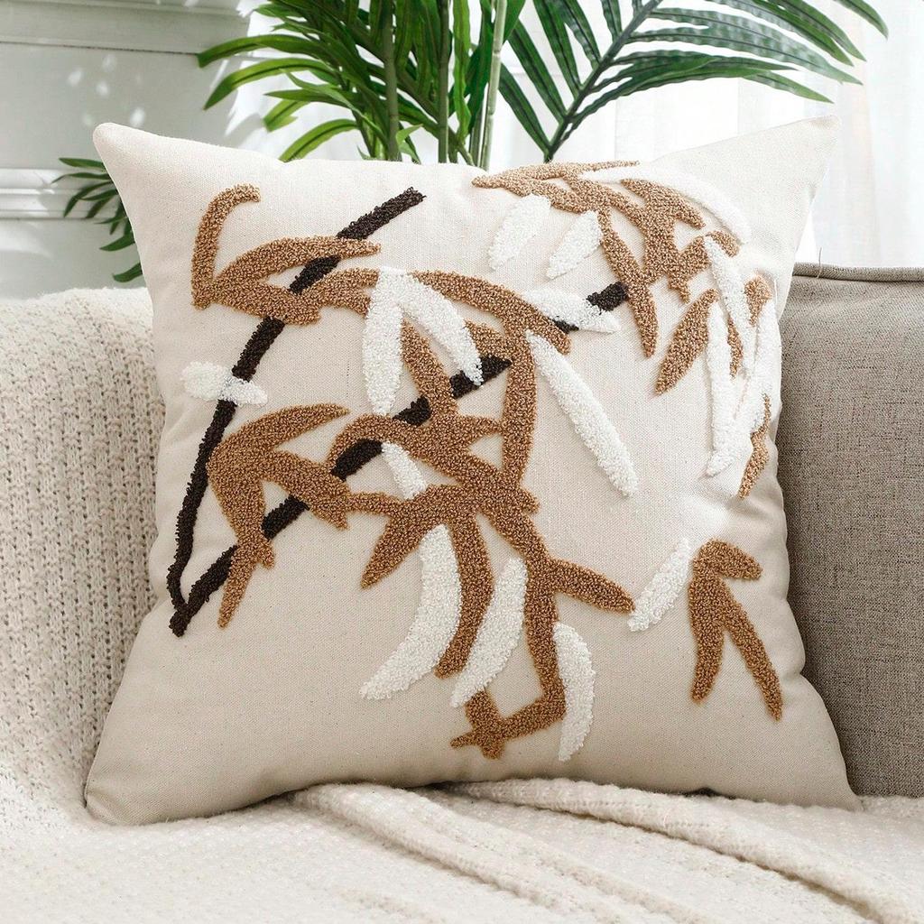 Spring Summer Home Hotel American Woven Throw Pillow Cover Leaves Embroidery Square 18x18 Inch Canvas Pillow Cover Invisible