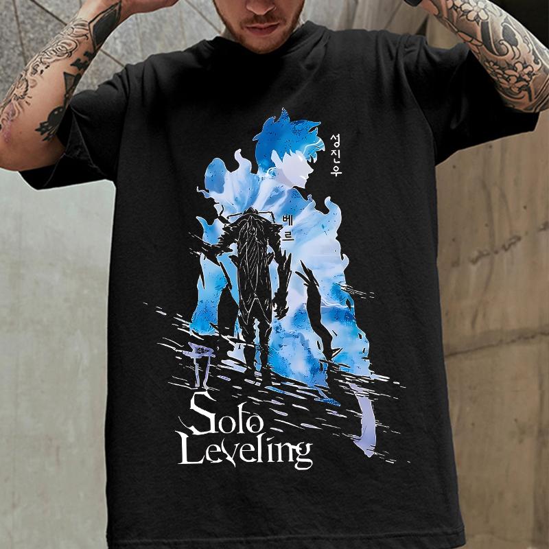 Vintage Anime Print Solo Leveling T-shirt Men Women Cotton T Shirt Beru And Sung Jin-woo Streetwear Crew Neck Solo Leveling Tops
