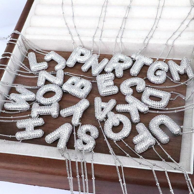 

Shiny Zircon Initial Letters Pendant Necklace for Women Men Silver Color Balloon Bubble Chunky Necklace Hip Hop Jewelry Gift F