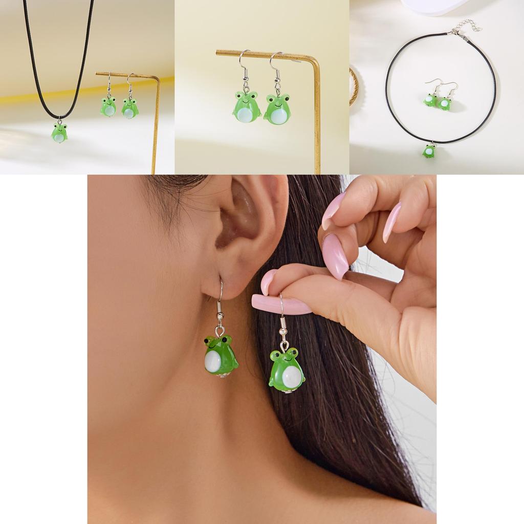 Frog Cartoon Glass Necklace And Earring Set With Pearl Chain For Casual Women And Men