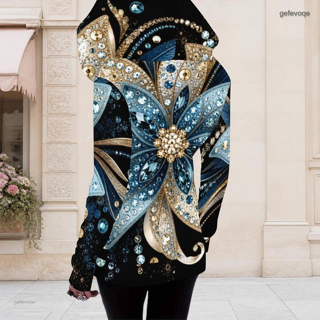 Women Plus Size Asymmetric Cutout Neck Long Sleeve Geometric Printed Fitted Hooded Shirt