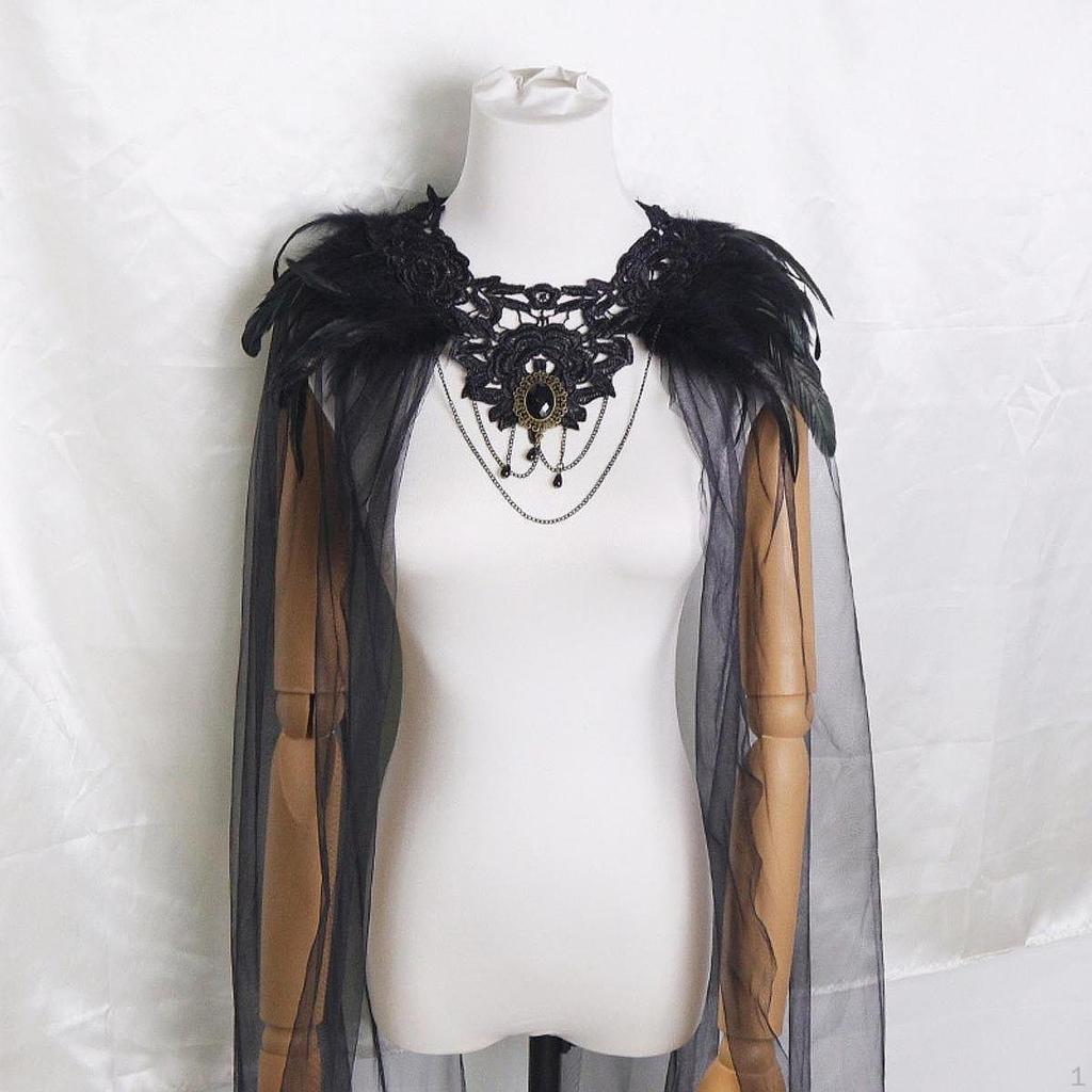 Women Halloween Cape with Feathered Neckband Black Performance Costume