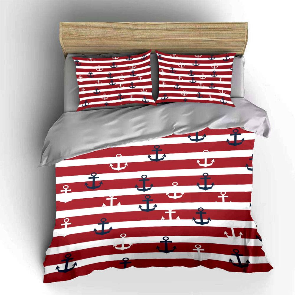 Nautical Anchor Striped Decor Set Bedding Set with 1 Duvet Cover 2 Pillowcases Single Double King Queen Gift