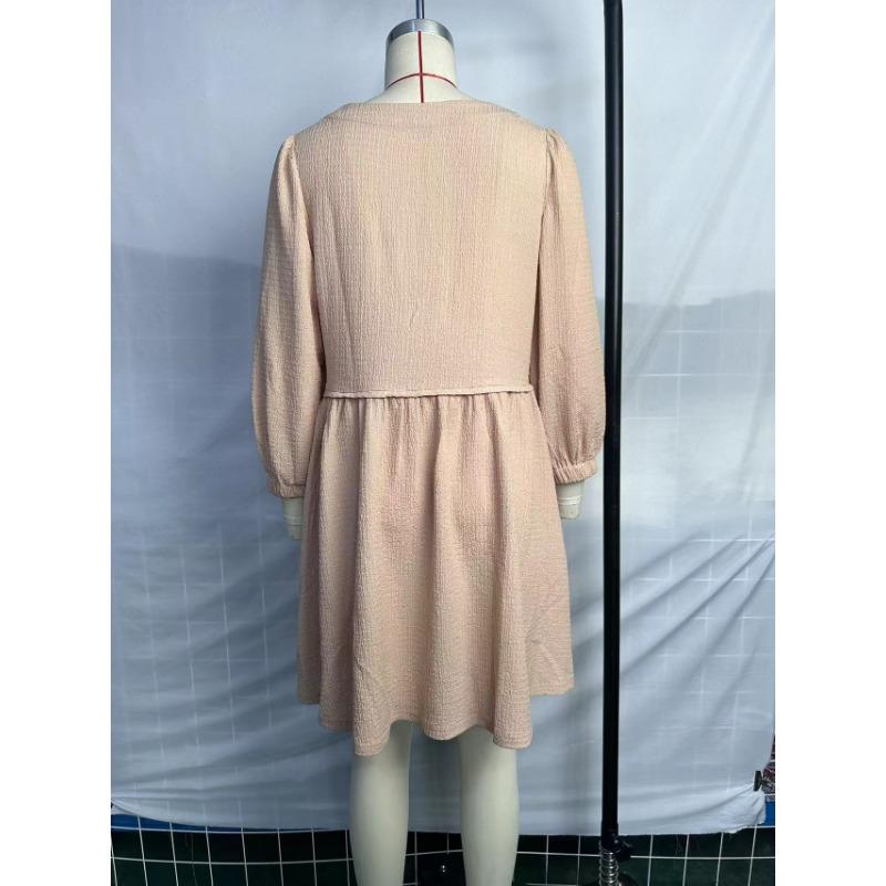 Wiosenne i jesienne damskie sukienki mini z okrągłym dekoltem, rozciętymi rękawami, bufiastymi rękawami, wiązaniem w pasie i luźnym dołem