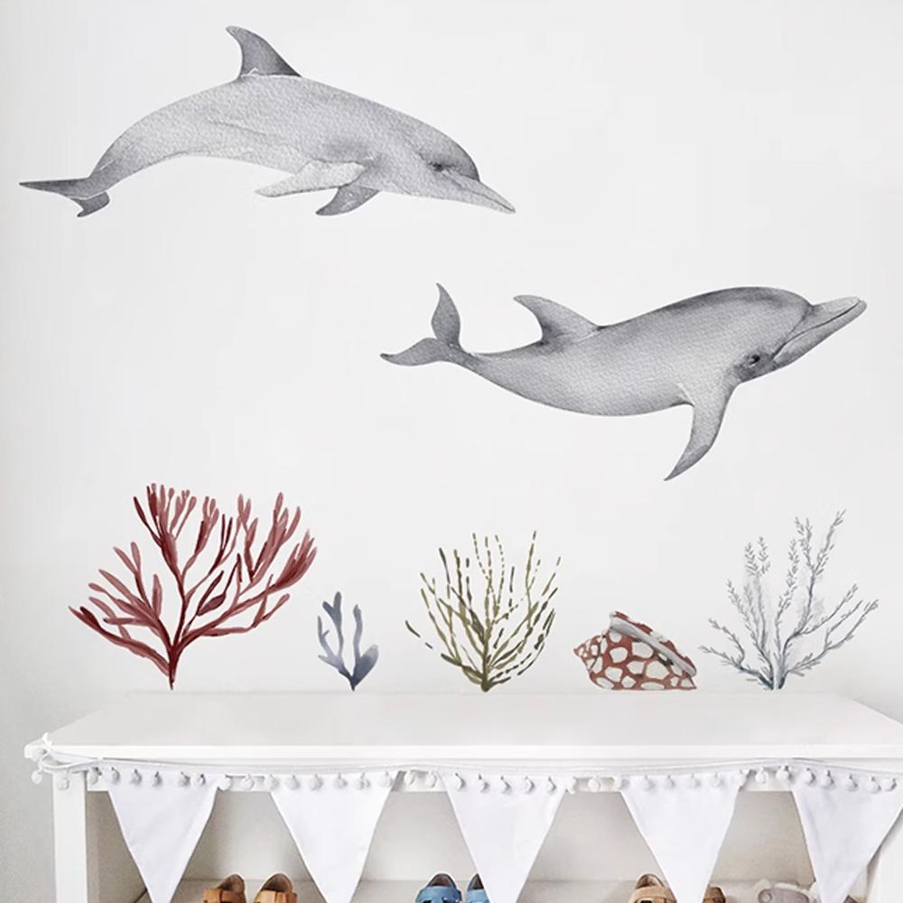 Underwater World Fish Wall Stickers Waterproof Watercolor Coral Ocean Wall Decals for Bathroom Nursery Baby Room Home Decor