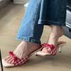 Winter Sandals 2025 Bow Red Women's Shoes Plaid Wear One Word Beautiful French High Heel Open Toe Cool Slippers
