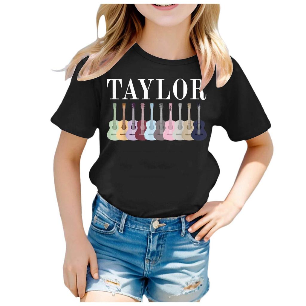 Summer Round Neck 3D Guitar Printed Top Fashionable Casual Short Sleeved Children's Girl T-shirts