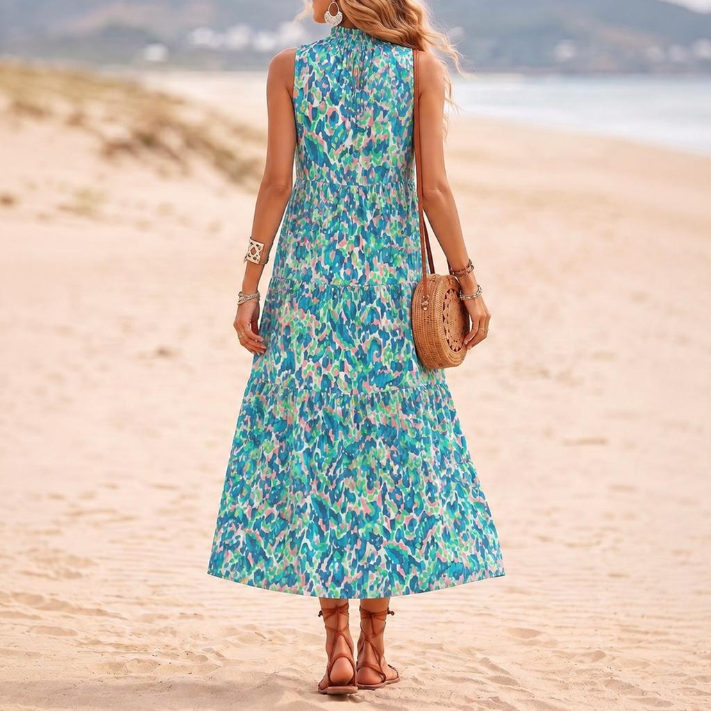 Women Sleeveless V Neck Tassel Tie Printed Dress Relaxed Fit Holiday Style Flowy Waist Tank Dress for Summer Beachwear