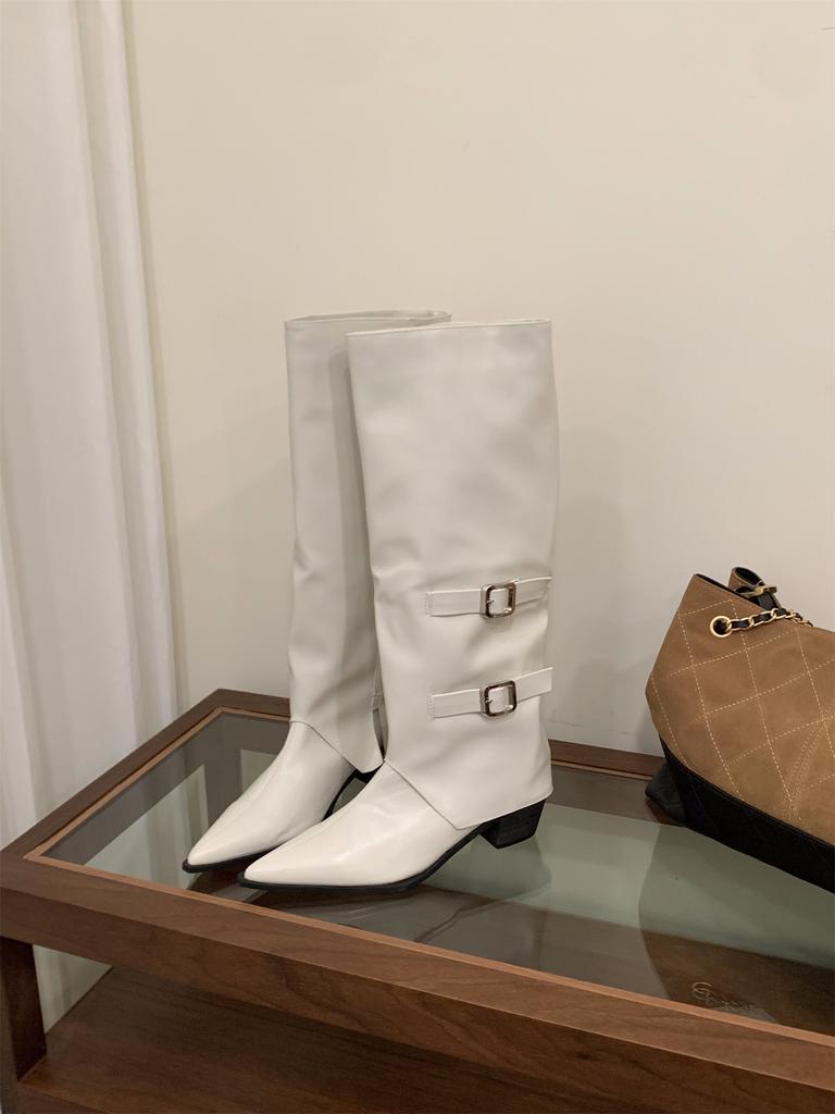 High Heel Pointed Brown Pants Boots Women's Boots 2025 Autumn and Winter White Skinny Boots Medium Knight Boots