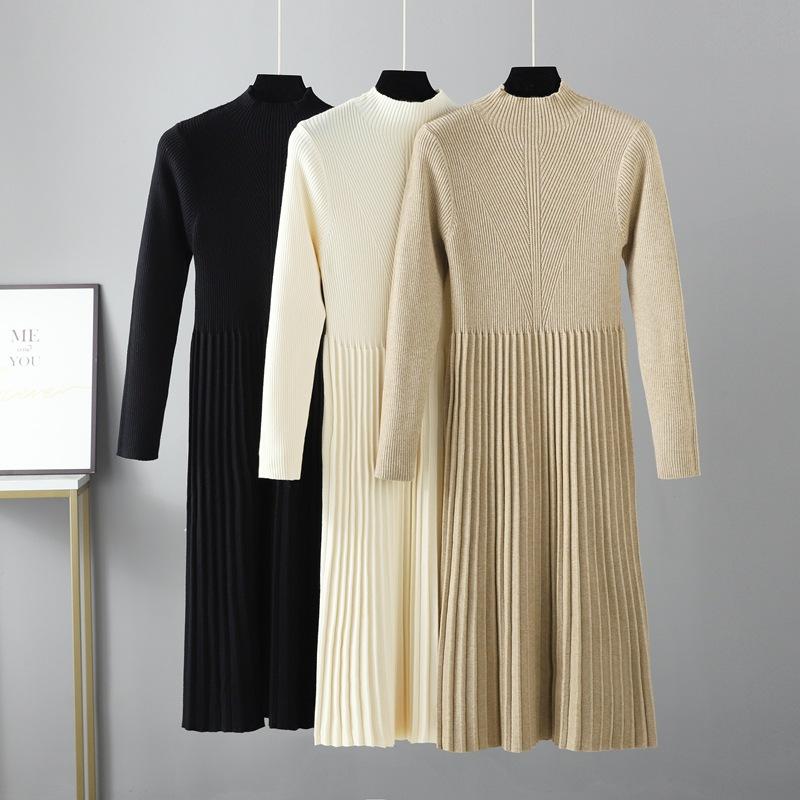 Women's Autumn Winter Plain Knitted Turtleneck Long Sleeve High Waist Sweater Dress