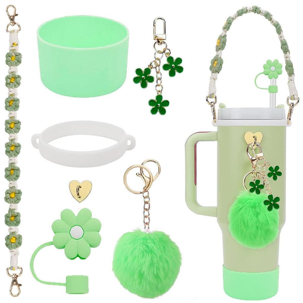 Stanley Water Bottle Accessory Set: Floral Straw Cap with Hand-Woven Rope & Silicone Sleeve for IceFlow Cup