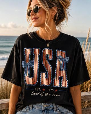 Retro USA Bow Graphic Tee, Patriotic Fourth of July Summer Shirt