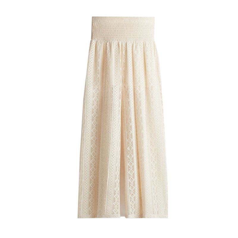 

Spring New Women clothes Simple Soft Jersey Wide Loose Tight Pleated Imitation Lace Wide Leg Pants 1259464 Cream color L
