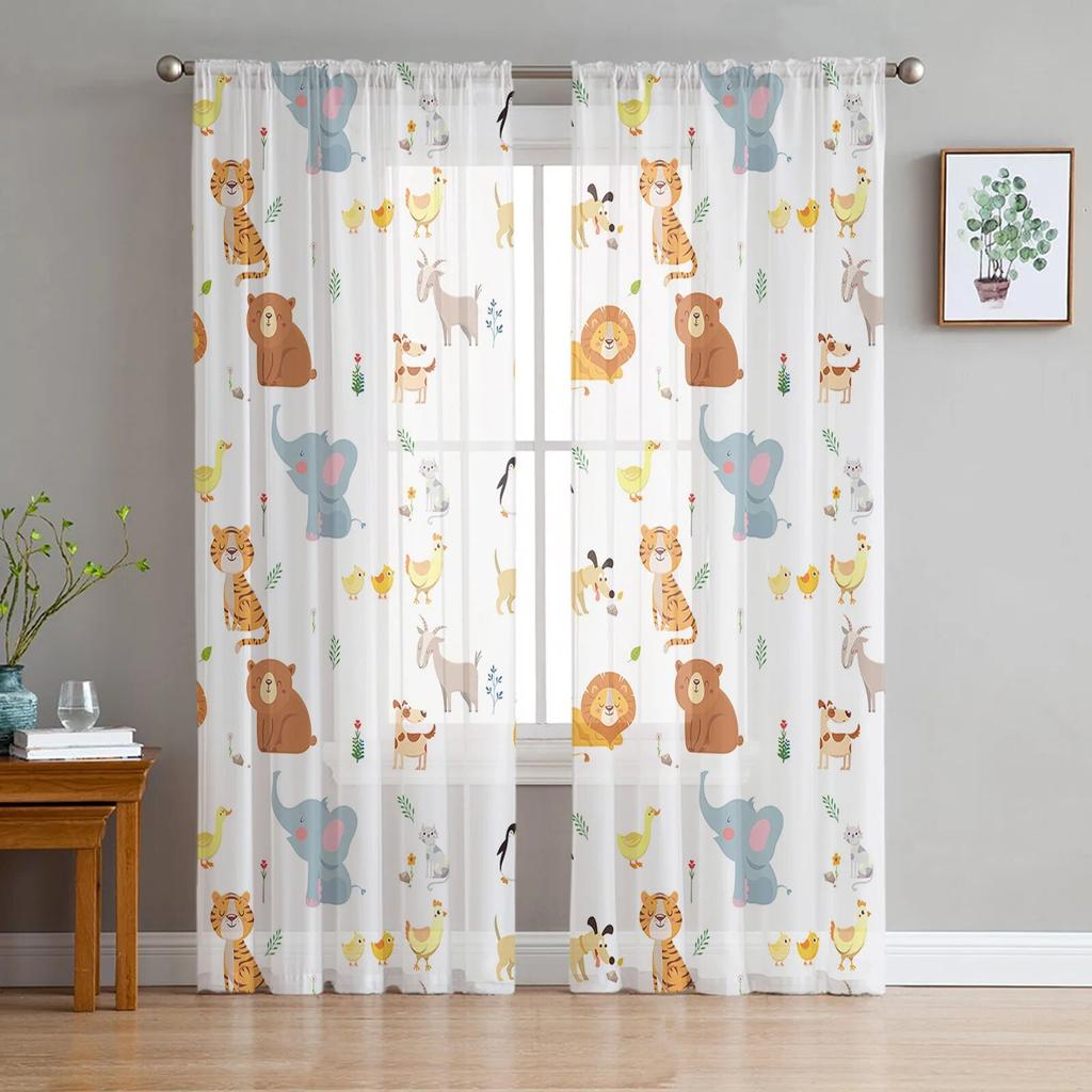 Elephant Mom And Baby Tulle Sheer Curtains For Kitchen Window Living Room Modern Voile Curtain Bedroom Drapes