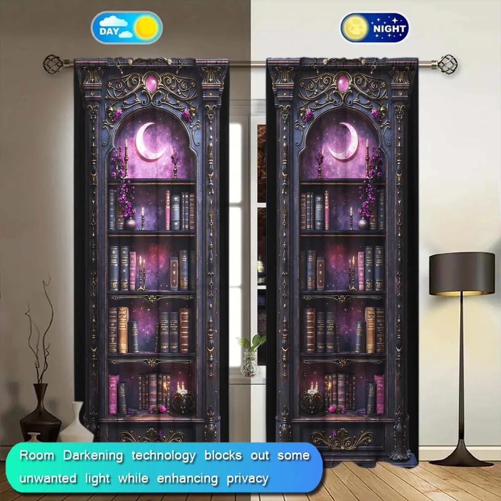 2 Pieces Vintage Gothic Bookcase Printed Curtain - Artistic Home Decoration Curtains   All Season Decorative Curtains