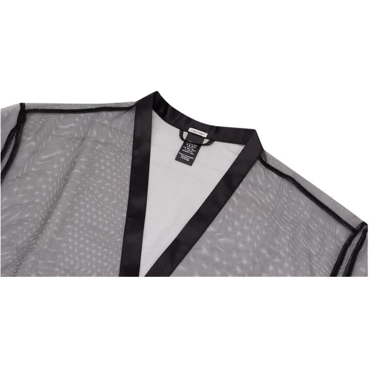 Calvin Klein Série Black Label SS25 Roupão Sexy de Renda com Tiras em Malha Transparente Manga Longa Feminino Roupões Preto Espacial QS7372