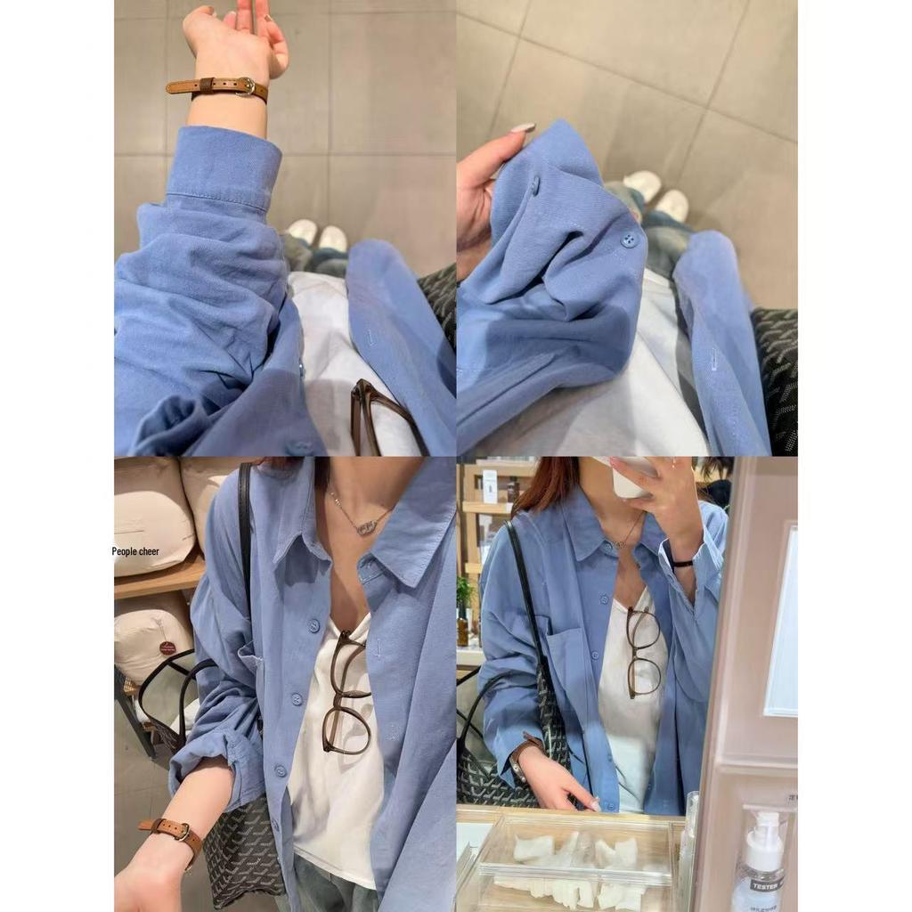 Women's Solid Color Cotton Shirt - Spring/Autumn Korean Style, Casual Loose Fit, Versatile Long Sleeve Jacket Top