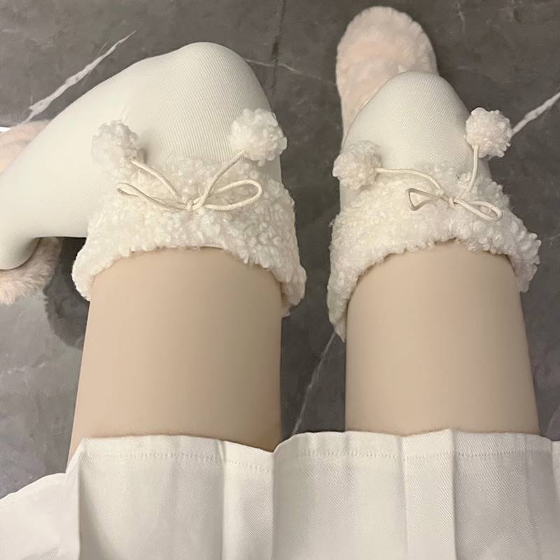 Autumn And Winter Thickened Lamb Wool Cute Sweet Ball Velvet Vertical Stripe Cotton Micro Pressure High Tube Knee Socks Long Tube