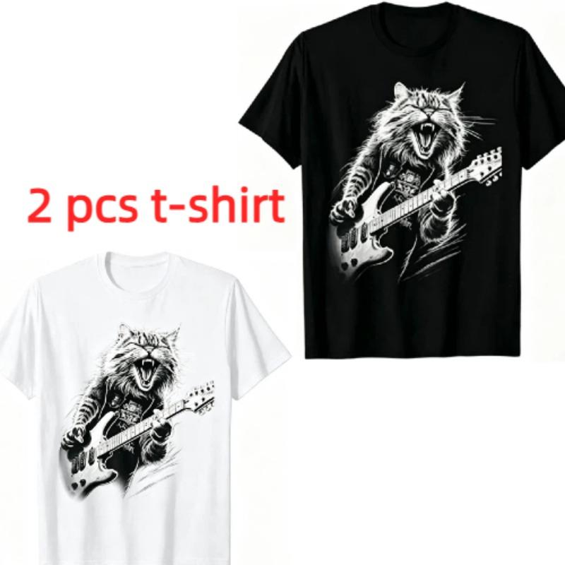 Fun Rock Guitarist Cat Pattern Print Men's T-shirt Summer Men's and Women's Casual Fashion Tops Men's Short Sleeve T-shirt Oversize Clothing