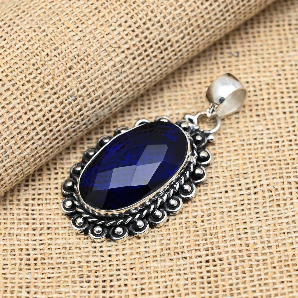 Blue Sapphire Lab-Created Gemstone Handmade 925 Sterling Silver Jewelry Pendant For Women