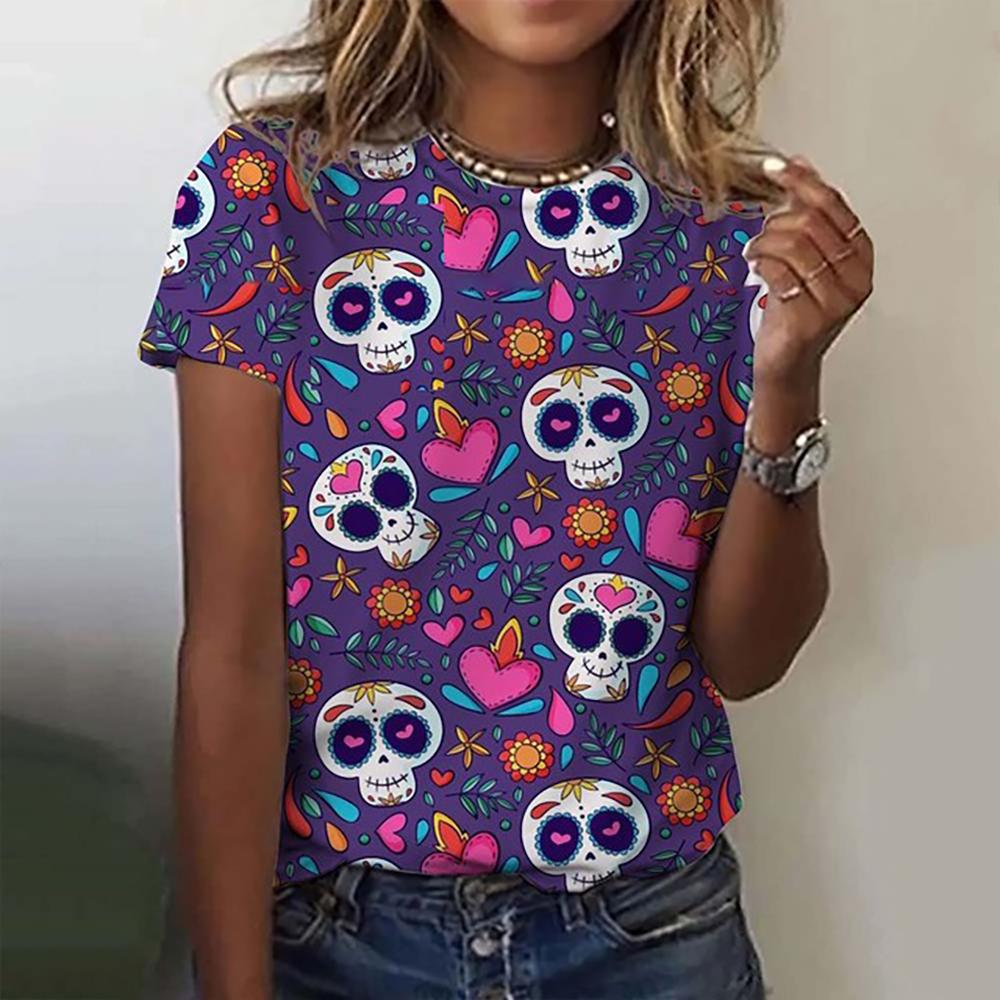 Funny Sugar Skull 3d Print Womens T Shirt Anime Cartoon Anime Mexico Summer Day of the Dead T-shirt For Men Women's Tops