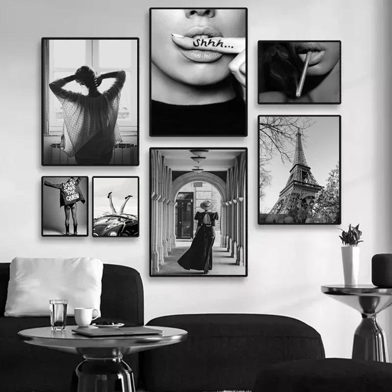 Modern Black White Fashion Sexy Women Paris Poster Decorative Prints Pictures Wall Art Canvas Painting Photos Bedroom Home Decor