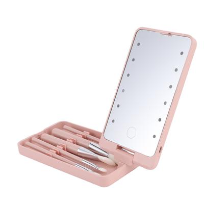 LED Light Mirror with Makeup Brush 360 Degree Rotation Travel Makeup Mirror Brushes Set Touch Control Brightness Pink