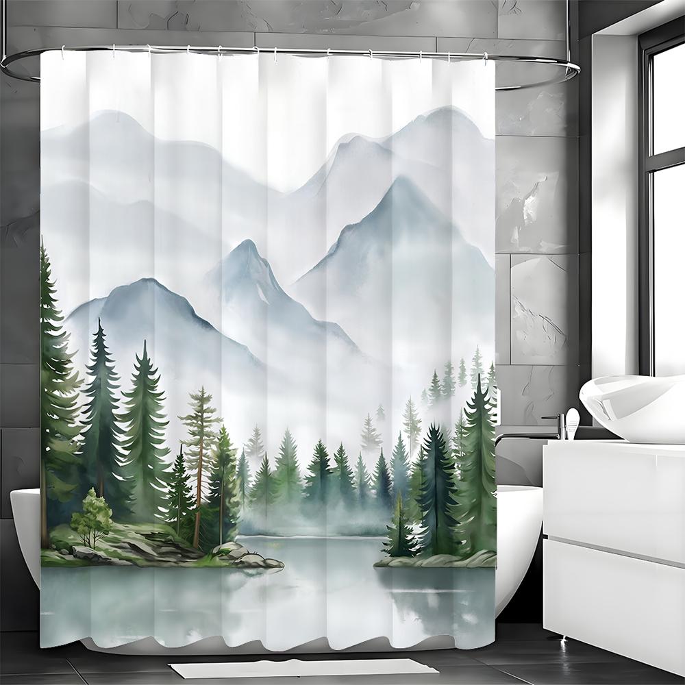 Watercolor Landscape Shower Curtain, Bathroom Decorative Shower Curtain, Waterproof Shower Curtain with Hooks