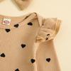 Girls' Heart Print Waffle Romper Set: Long Sleeve Romper, Long Pants & Headband.