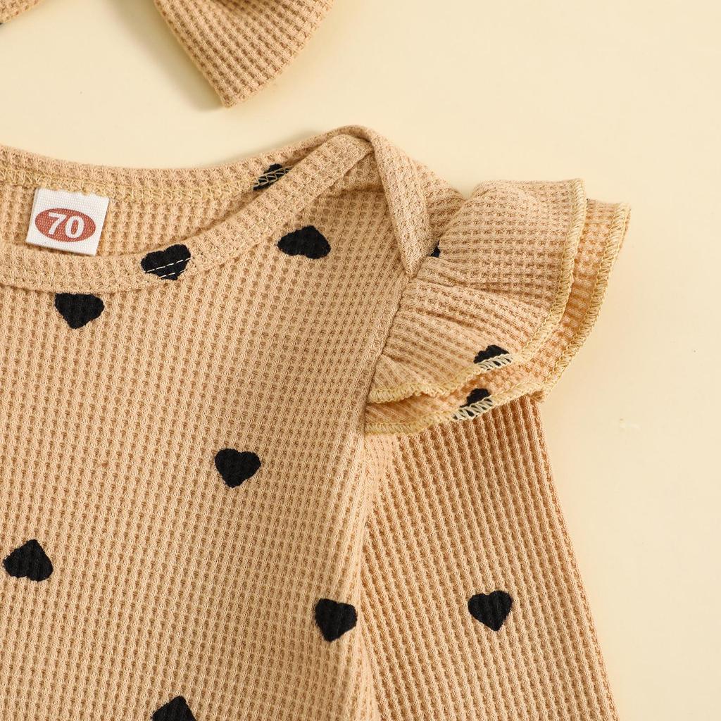 Girls' Heart Print Waffle Romper Set: Long Sleeve Romper, Long Pants & Headband.