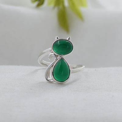 Anello Gatto in Onice Verde Argento, Regali Per Lei, Gioielli Fatti a Mano in Argento Sterling 925, Gioielli Animali in Argento, Anello Donna Ar8926