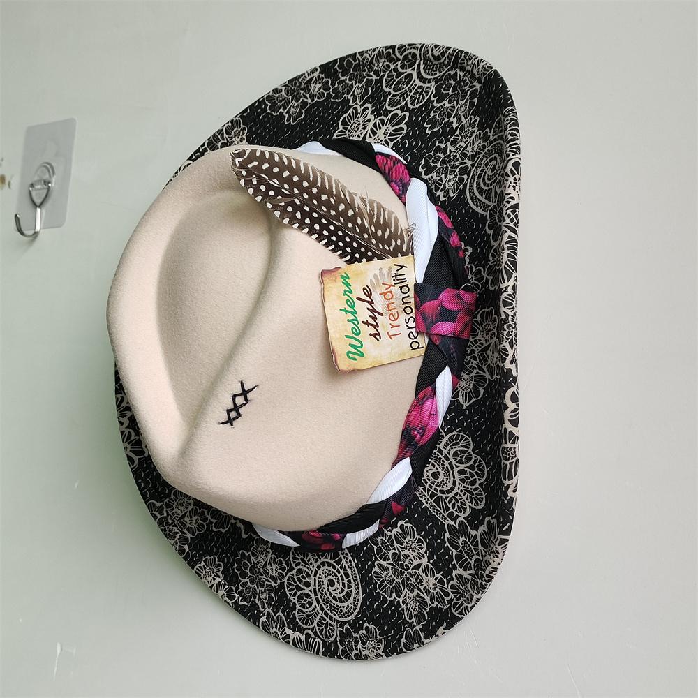 Printed Fedora Western Cowboy Hat Flower Painted Jazz Hat Men and Women Cowboy Hat Wide Brim Fashion Hat Feather Accessories