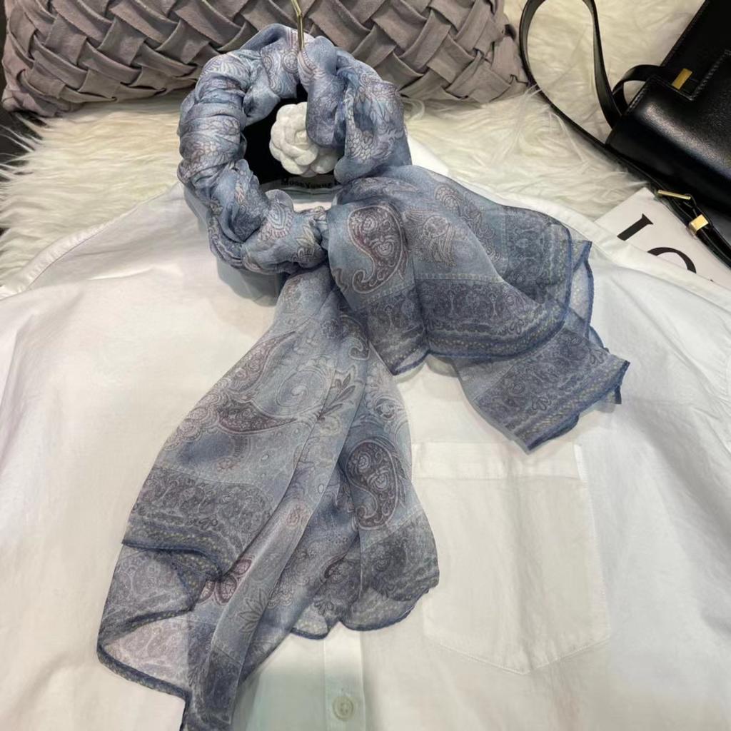 [Bysifa] Grey Blue Silk Scarf Cape Fashion Ladies 100% Silk Long Scarves Foulard Women Plaisley Design Chiffon Scarves Bufandas