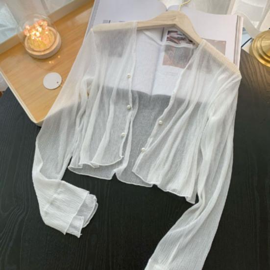 Damen Mesh Durchsichtig Sonnenjacke Langarm Knopfleiste Sonnenshirts UV-Schutz Kurz