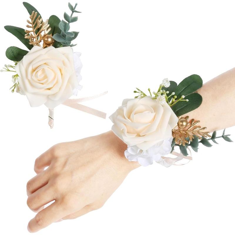 Valentine's Day Rose Wrist Corsage for Bride Groom Prom Wedding Artificial Silk Flowers Adjustable Wristband Artificial Flowers