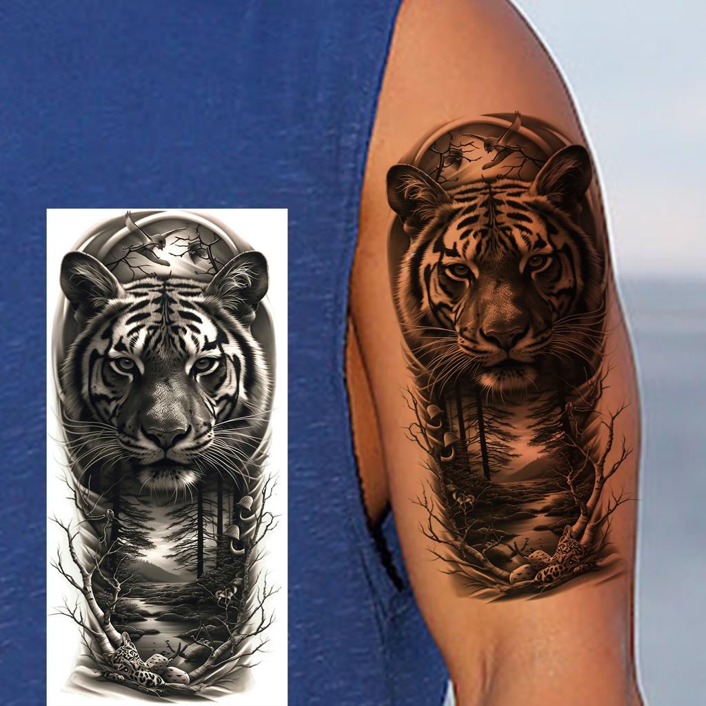 1 Sheet Realistic Fake Tiger Temporary Tattoos Sticker For Men Women Adults Water Transfer Transferable Tattoo Sleeve Waist Arm
