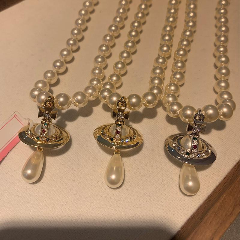 Empress Saturn Pearl Necklace With Geometric Pendant For Women