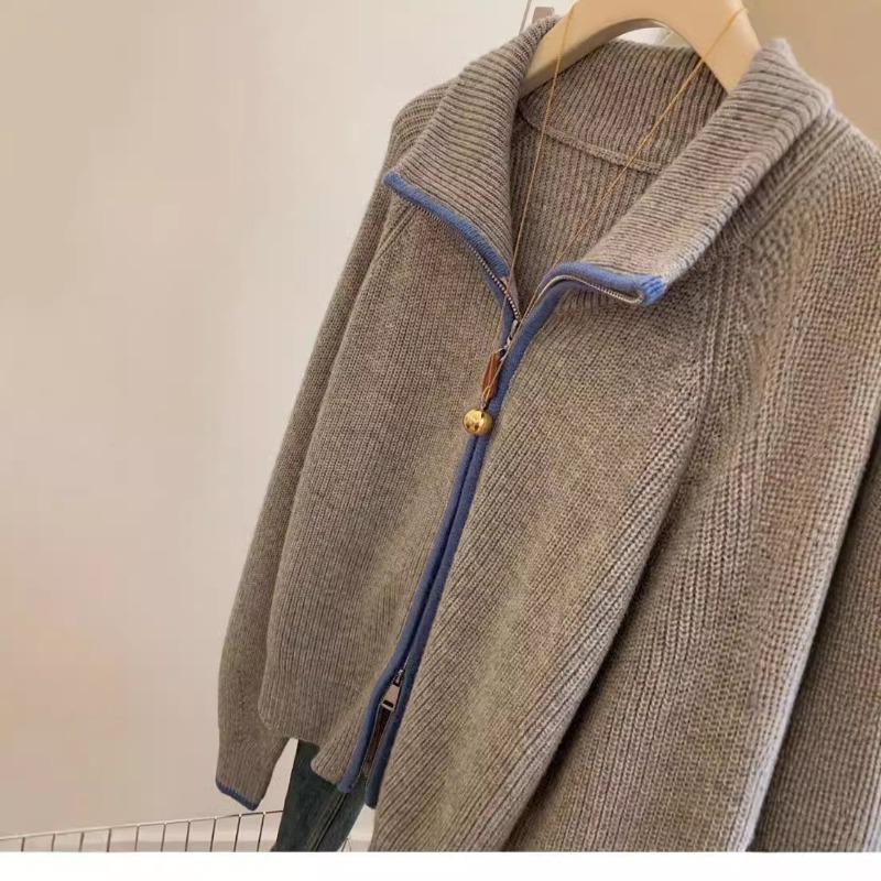 Grey Lapel Zipper Sweater Jacket Women's Autumn and Winter Winter Thickened Lazy Wind Stand-up Neck Knitted Cardigan Top